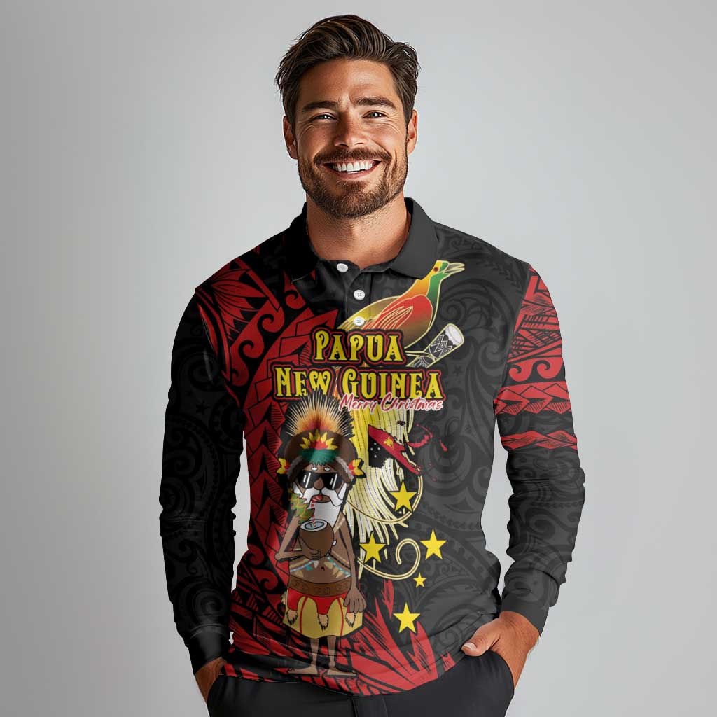 Papua New Guinea Christmas Long Sleeve Polo Shirt Funny Melanesian Santa with Bird-of-paradise Tribal Style LT03 - Polynesian Pride