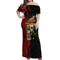 Papua New Guinea Christmas Off Shoulder Maxi Dress Funny Melanesian Santa with Bird-of-paradise Tribal Style LT03 Women Black - Polynesian Pride