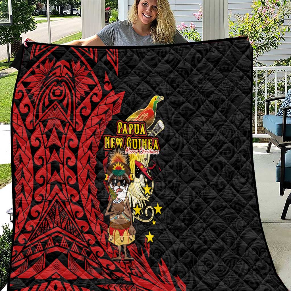 Papua New Guinea Christmas Quilt Funny Melanesian Santa with Bird-of-paradise Tribal Style LT03 Black - Polynesian Pride