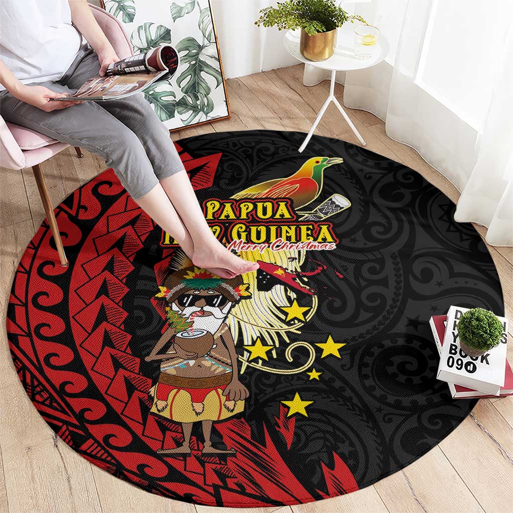Papua New Guinea Christmas Round Carpet Funny Melanesian Santa with Bird-of-paradise Tribal Style LT03 - Polynesian Pride