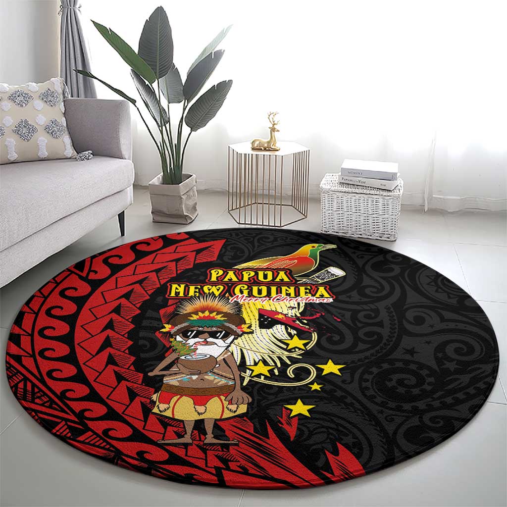 Papua New Guinea Christmas Round Carpet Funny Melanesian Santa with Bird-of-paradise Tribal Style LT03 - Polynesian Pride