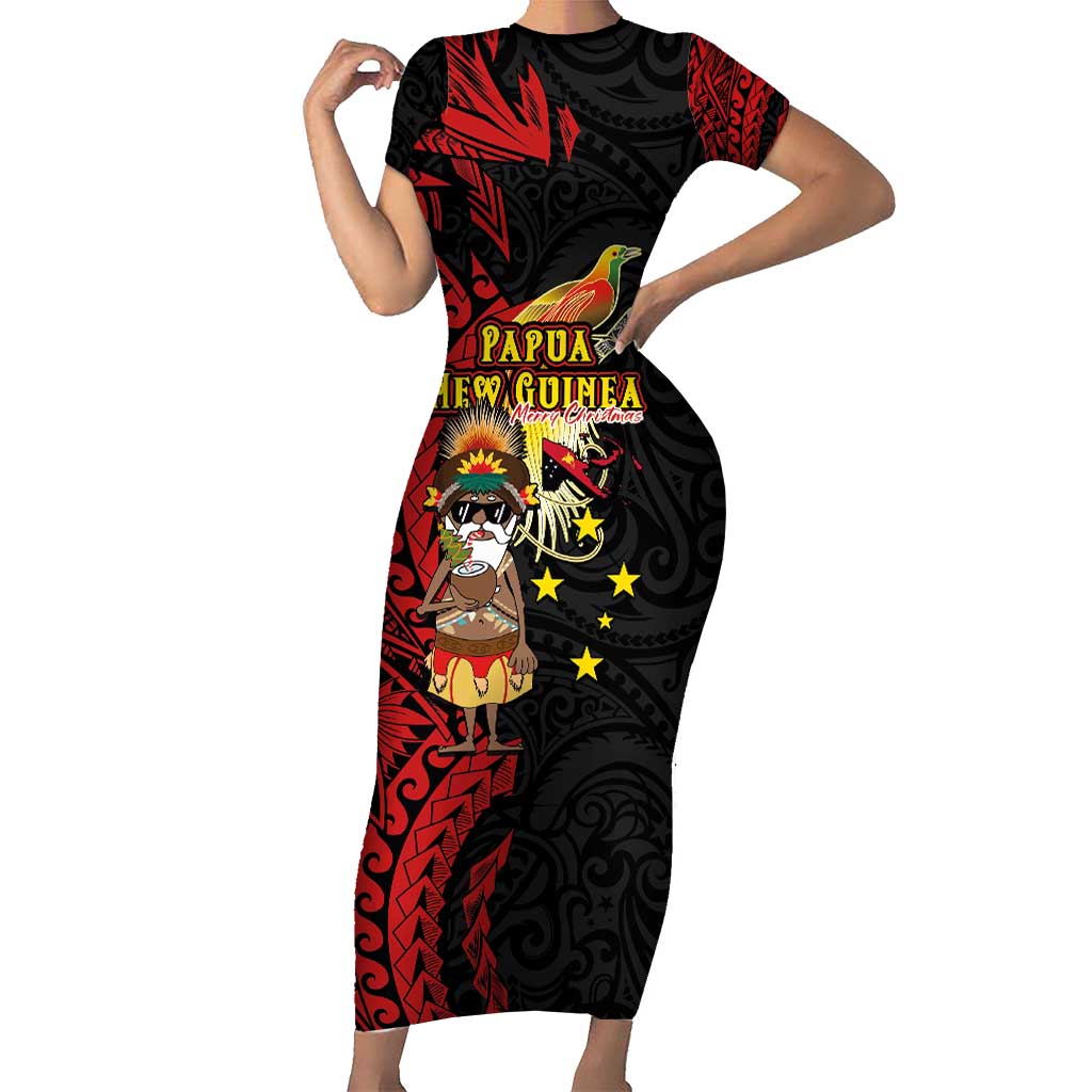 Papua New Guinea Christmas Short Sleeve Bodycon Dress Funny Melanesian Santa with Bird-of-paradise Tribal Style LT03 Long Dress Black - Polynesian Pride