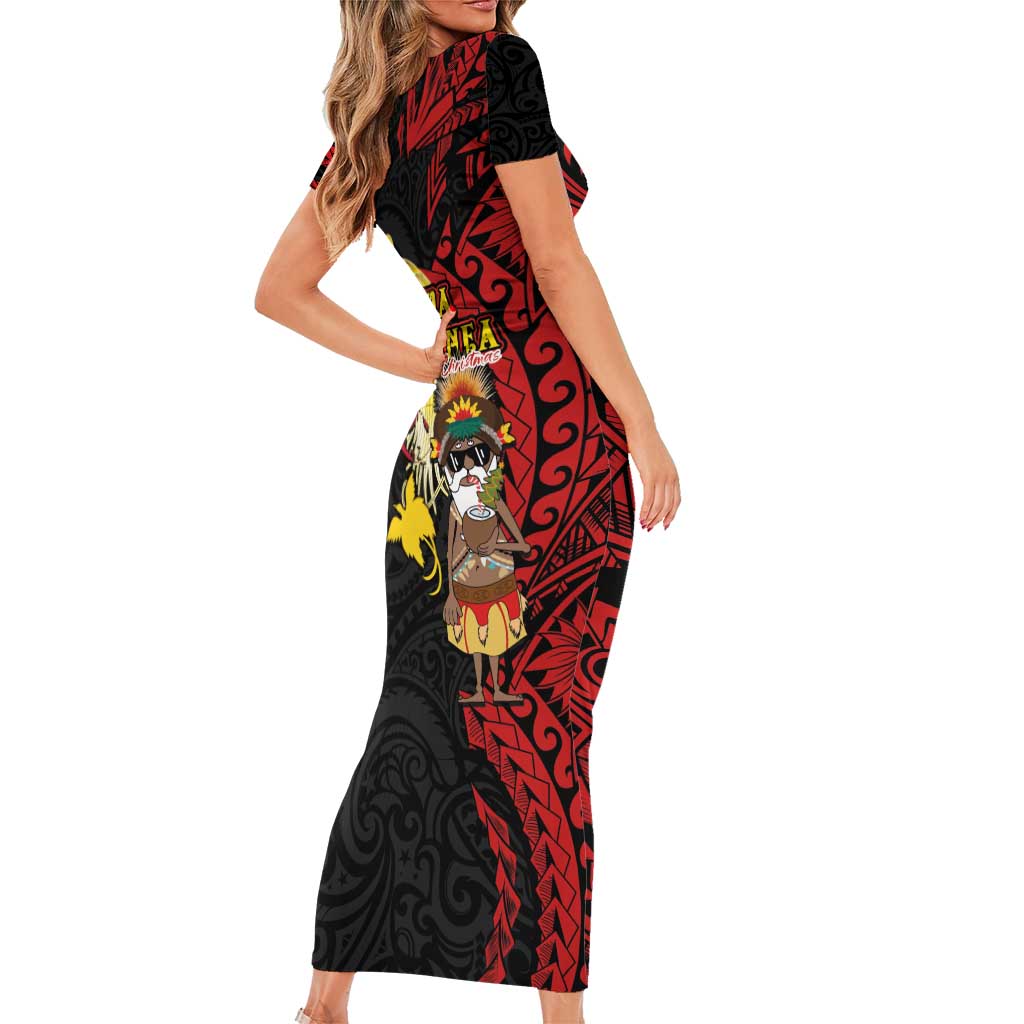 Papua New Guinea Christmas Short Sleeve Bodycon Dress Funny Melanesian Santa with Bird-of-paradise Tribal Style LT03 - Polynesian Pride