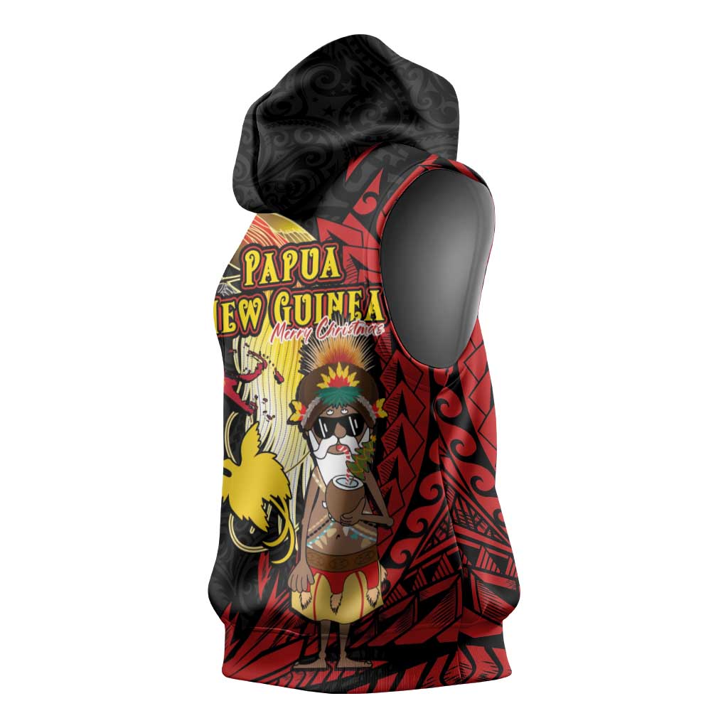 Papua New Guinea Christmas Sleeveless Hoodie Funny Melanesian Santa with Bird-of-paradise Tribal Style LT03 - Polynesian Pride