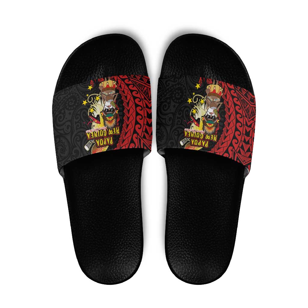 Papua New Guinea Christmas Slide Sandals Funny Melanesian Santa with Bird-of-paradise Tribal Style LT03 Black - Polynesian Pride