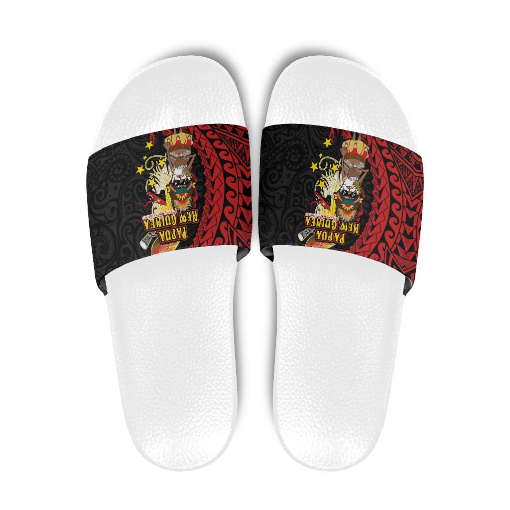 Papua New Guinea Christmas Slide Sandals Funny Melanesian Santa with Bird-of-paradise Tribal Style LT03 Black - Polynesian Pride