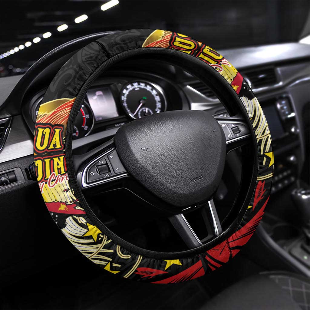 Papua New Guinea Christmas Steering Wheel Cover Funny Melanesian Santa with Bird-of-paradise Tribal Style LT03 Universal Fit Black - Polynesian Pride
