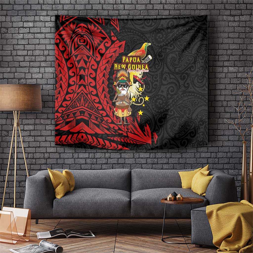 Papua New Guinea Christmas Tapestry Funny Melanesian Santa with Bird-of-paradise Tribal Style LT03 Black - Polynesian Pride