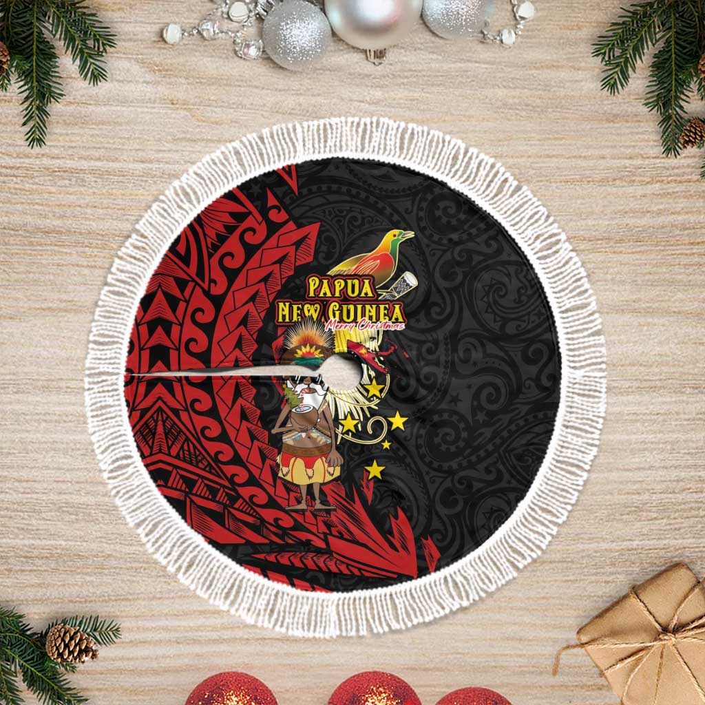 Papua New Guinea Christmas Tree Skirt Funny Melanesian Santa with Bird-of-paradise Tribal Style LT03 Fringed Black - Polynesian Pride