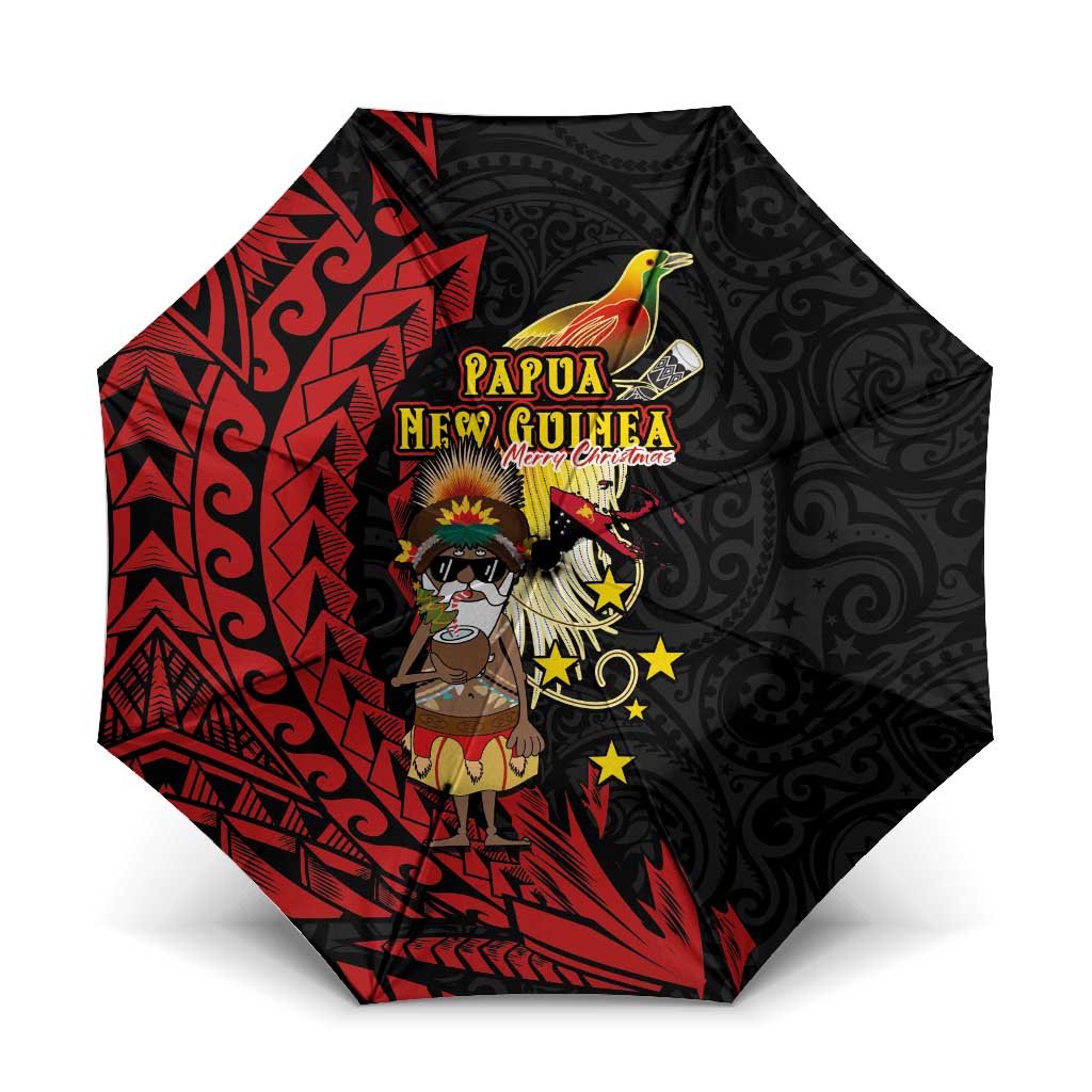 Papua New Guinea Christmas Umbrella Funny Melanesian Santa with Bird-of-paradise Tribal Style LT03 One Size Folded 11.42 inch Opened Diameter 37.4 inch Black - Polynesian Pride