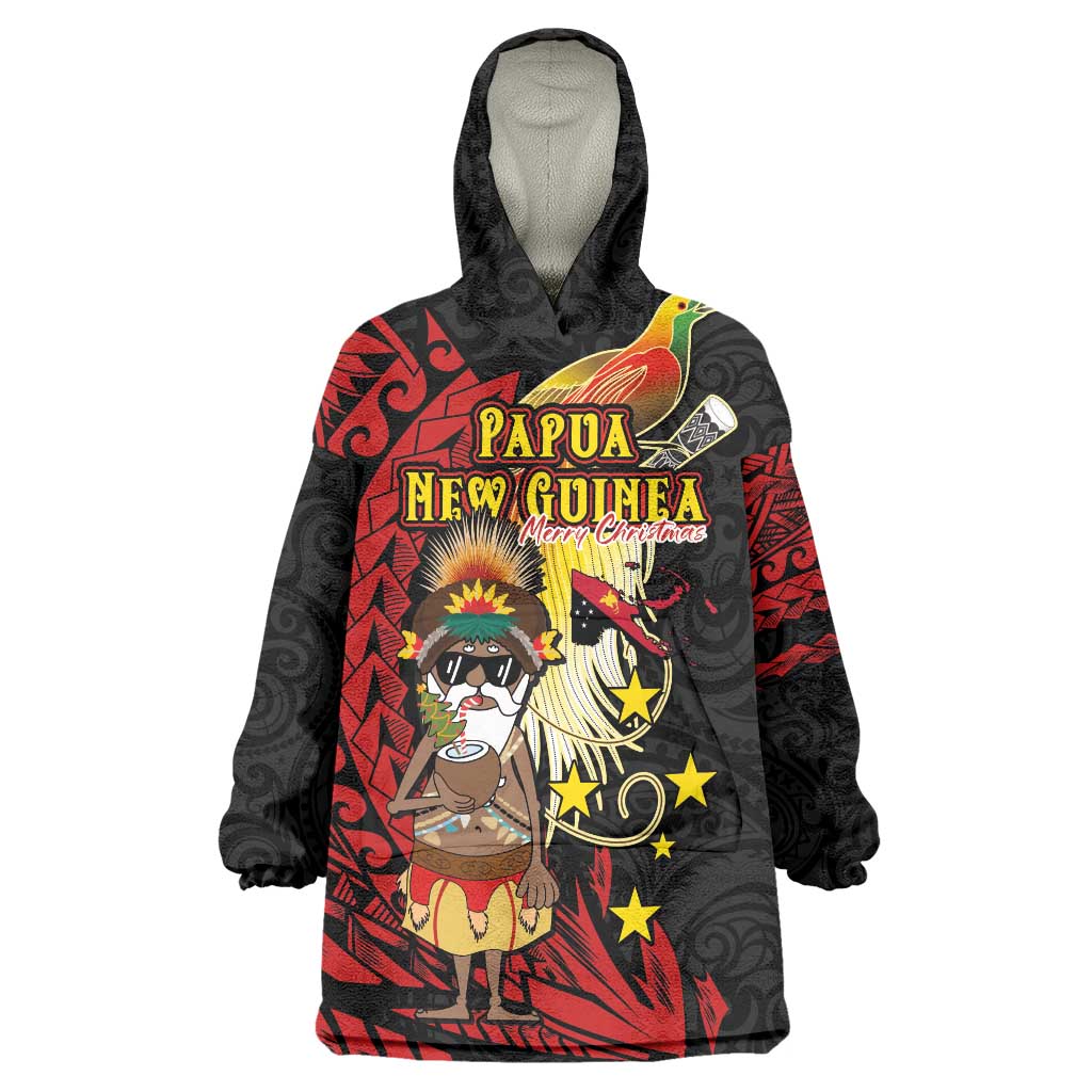 Papua New Guinea Christmas Wearable Blanket Hoodie Funny Melanesian Santa with Bird-of-paradise Tribal Style LT03 One Size Black - Polynesian Pride