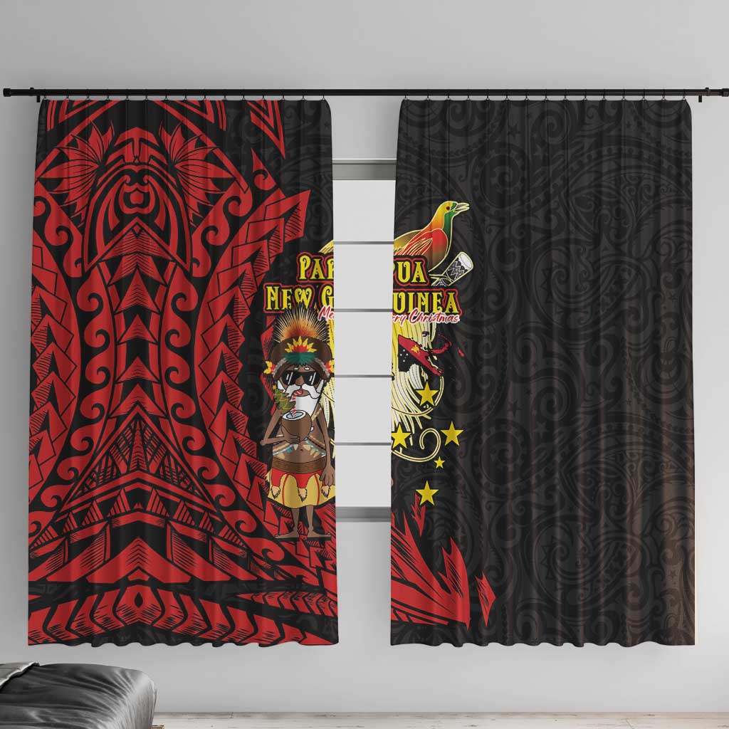 Papua New Guinea Christmas Window Curtain Funny Melanesian Santa with Bird-of-paradise Tribal Style LT03 With Hooks Black - Polynesian Pride