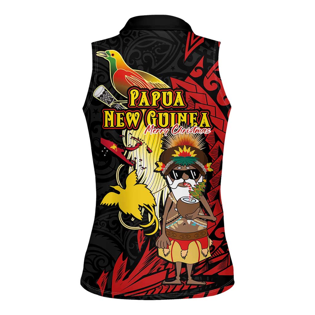 Papua New Guinea Christmas Women Sleeveless Polo Shirt Funny Melanesian Santa with Bird-of-paradise Tribal Style LT03 - Polynesian Pride