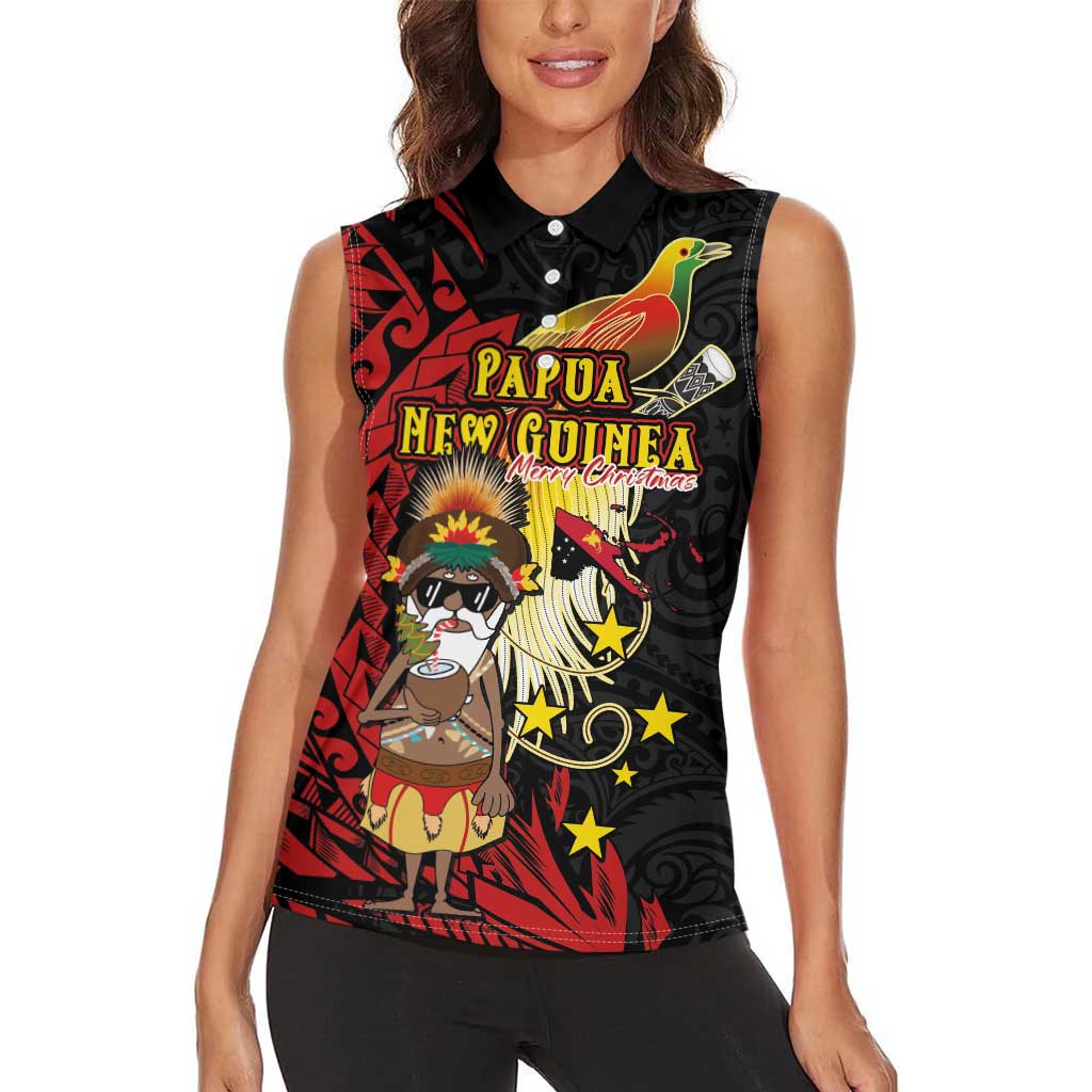 Papua New Guinea Christmas Women Sleeveless Polo Shirt Funny Melanesian Santa with Bird-of-paradise Tribal Style LT03 - Polynesian Pride