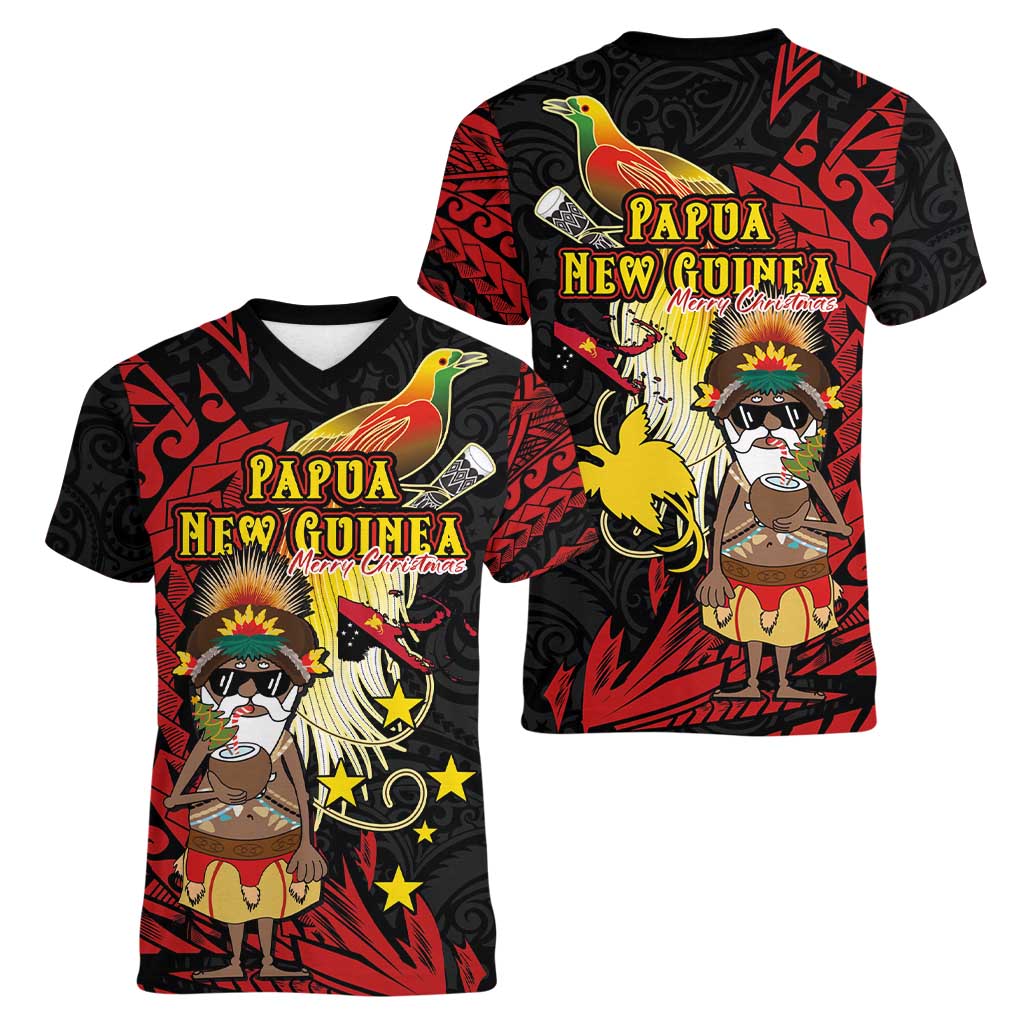 Papua New Guinea Christmas Women V-Neck T-Shirt Funny Melanesian Santa with Bird-of-paradise Tribal Style LT03 - Polynesian Pride