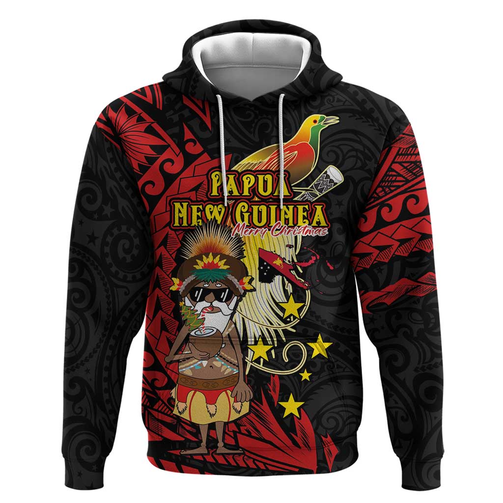 Papua New Guinea Christmas Zip Hoodie Funny Melanesian Santa with Bird-of-paradise Tribal Style LT03 Pullover Hoodie Black - Polynesian Pride