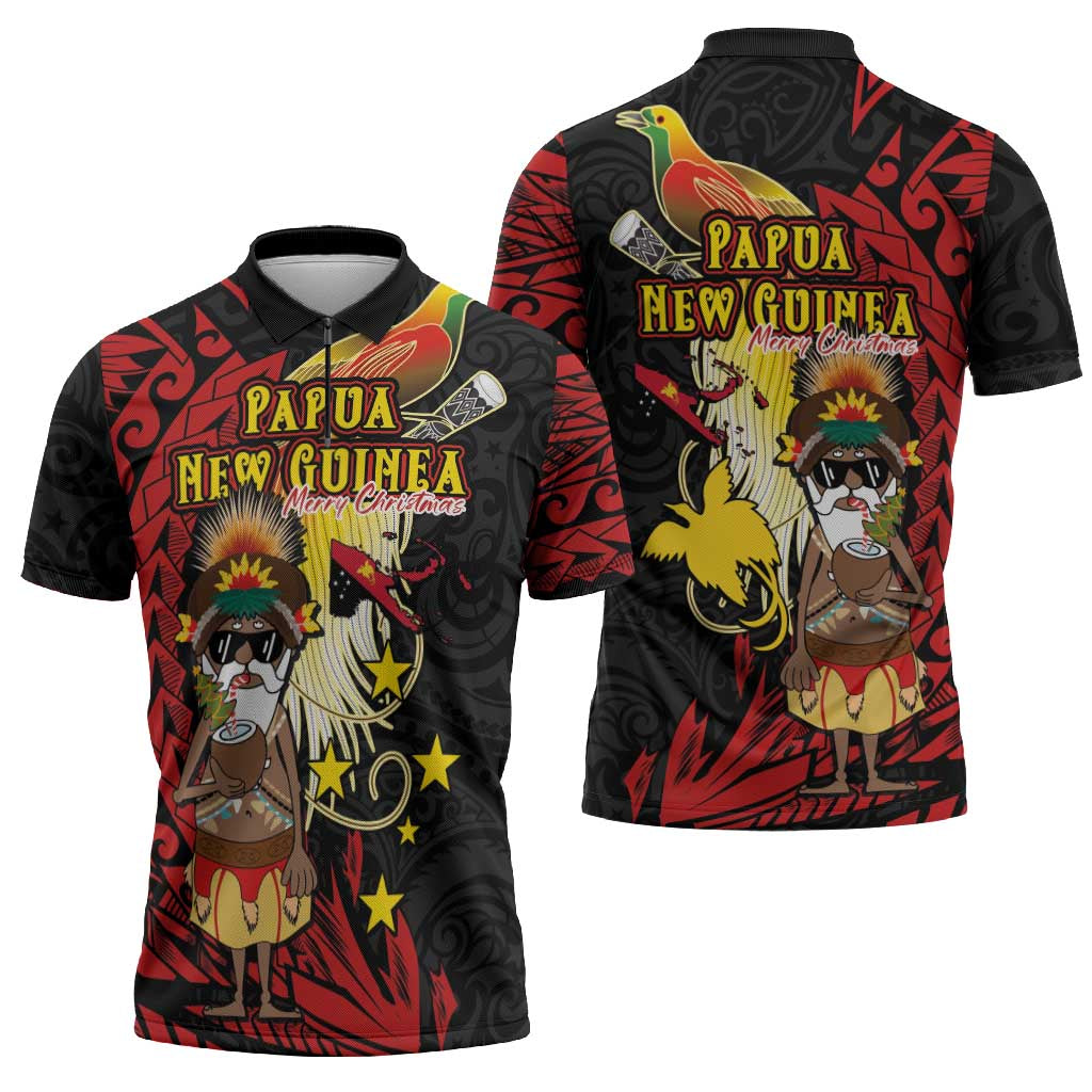 Papua New Guinea Christmas Zipper Polo Shirt Funny Melanesian Santa with Bird-of-paradise Tribal Style LT03 - Polynesian Pride