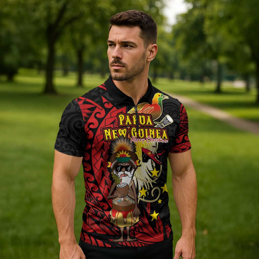 Papua New Guinea Christmas Zipper Polo Shirt Funny Melanesian Santa with Bird-of-paradise Tribal Style LT03 - Polynesian Pride