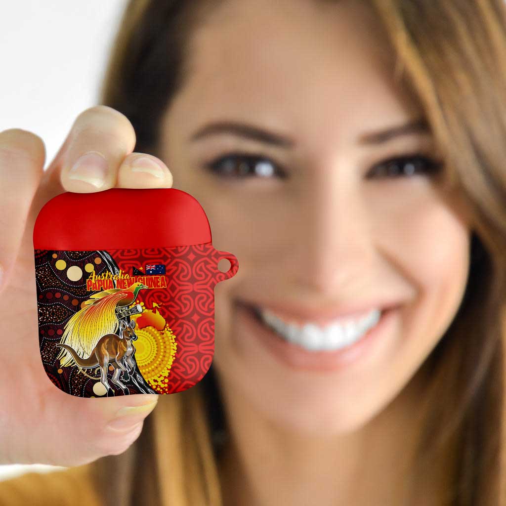 Australia and Papua New Guinea Together AirPods Case Bird-of-paradise and Kangaroo with Oro Tapa and Aboriginal Art Motifs LT03 Black - Polynesian Pride