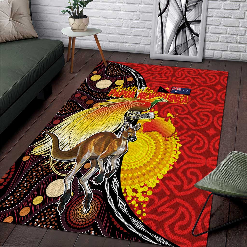 Australia and Papua New Guinea Together Area Rug Bird-of-paradise and Kangaroo with Oro Tapa and Aboriginal Art Motifs LT03 Black - Polynesian Pride