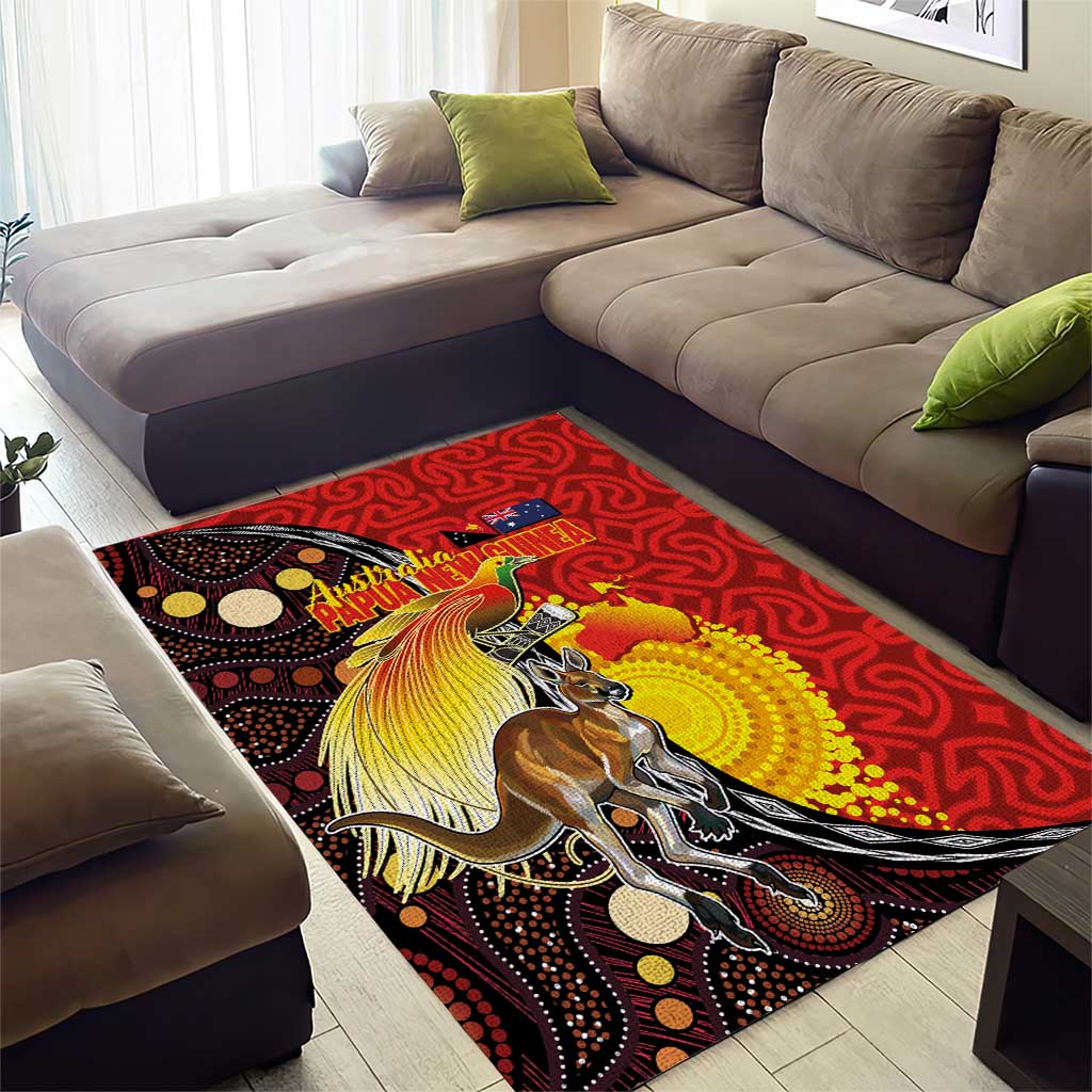 Australia and Papua New Guinea Together Area Rug Bird-of-paradise and Kangaroo with Oro Tapa and Aboriginal Art Motifs LT03 - Polynesian Pride