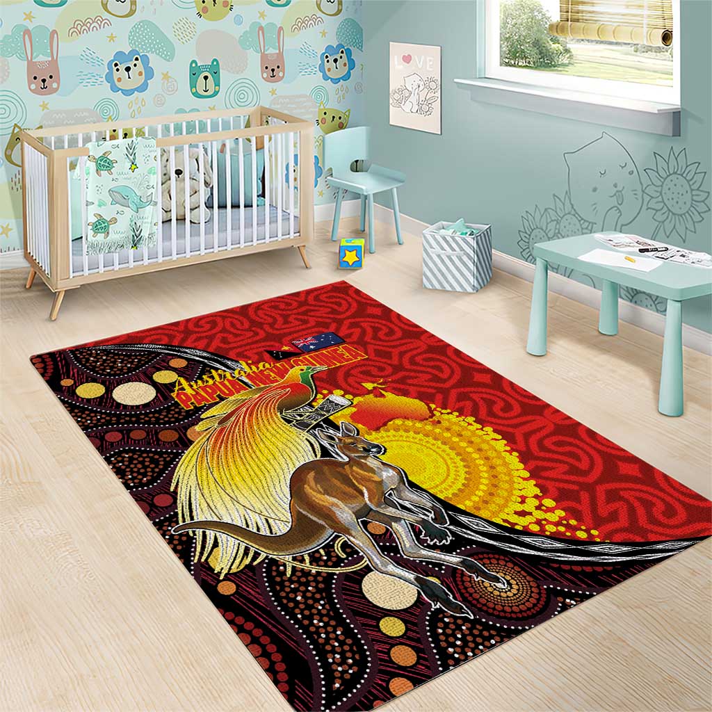 Australia and Papua New Guinea Together Area Rug Bird-of-paradise and Kangaroo with Oro Tapa and Aboriginal Art Motifs LT03 - Polynesian Pride