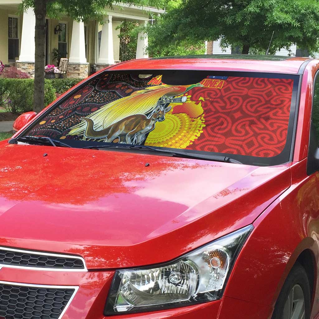 Australia and Papua New Guinea Together Auto Sun Shade Bird-of-paradise and Kangaroo with Oro Tapa and Aboriginal Art Motifs LT03 - Polynesian Pride