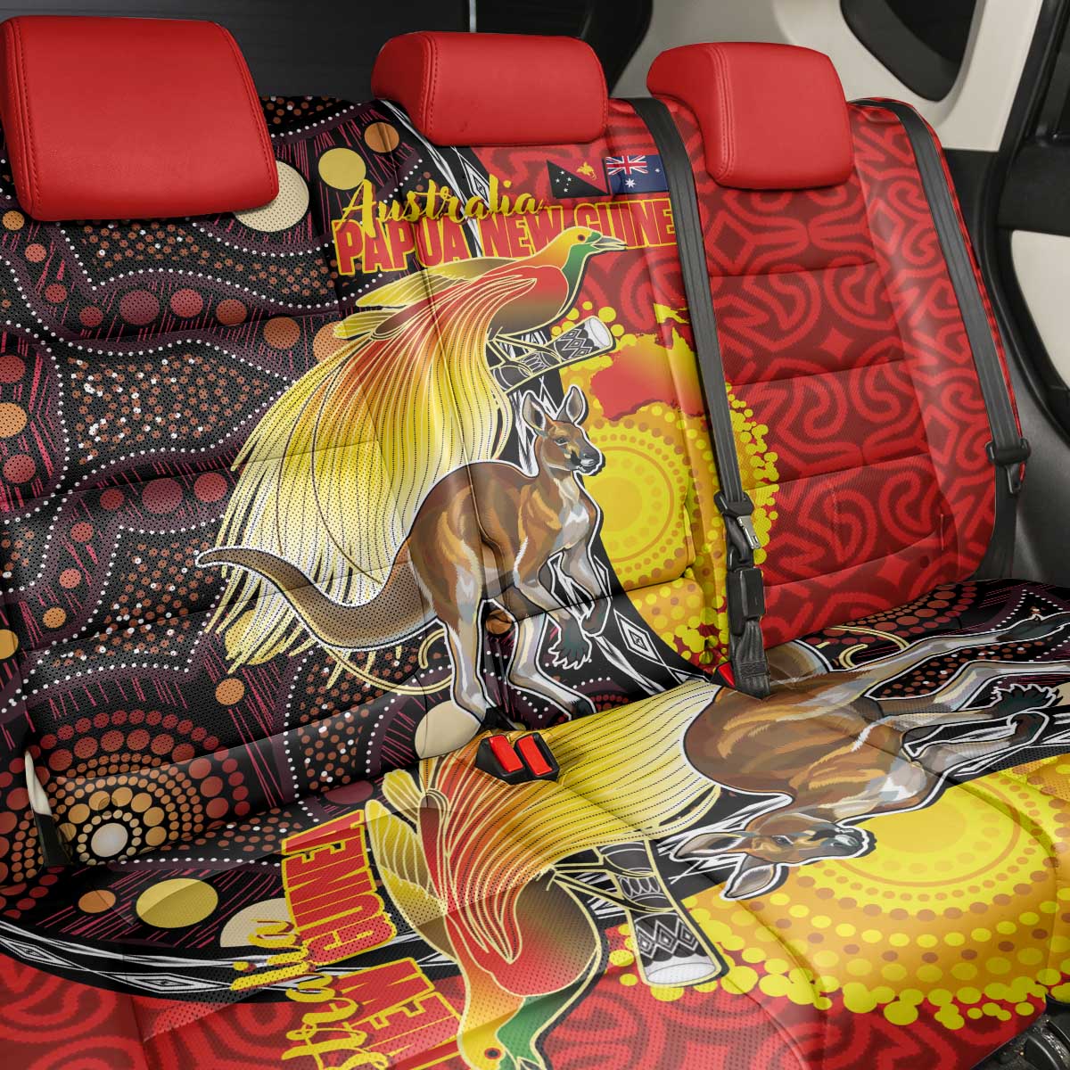 Australia and Papua New Guinea Together Back Car Seat Cover Bird-of-paradise and Kangaroo with Oro Tapa and Aboriginal Art Motifs LT03 - Polynesian Pride