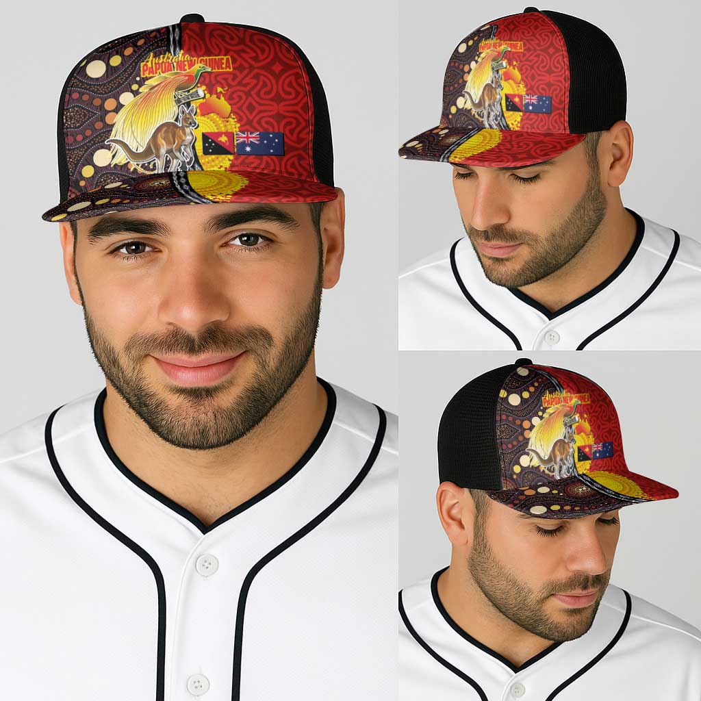 Australia and Papua New Guinea Together Baseball Net Cap Bird-of-paradise and Kangaroo with Oro Tapa and Aboriginal Art Motifs LT03 - Polynesian Pride