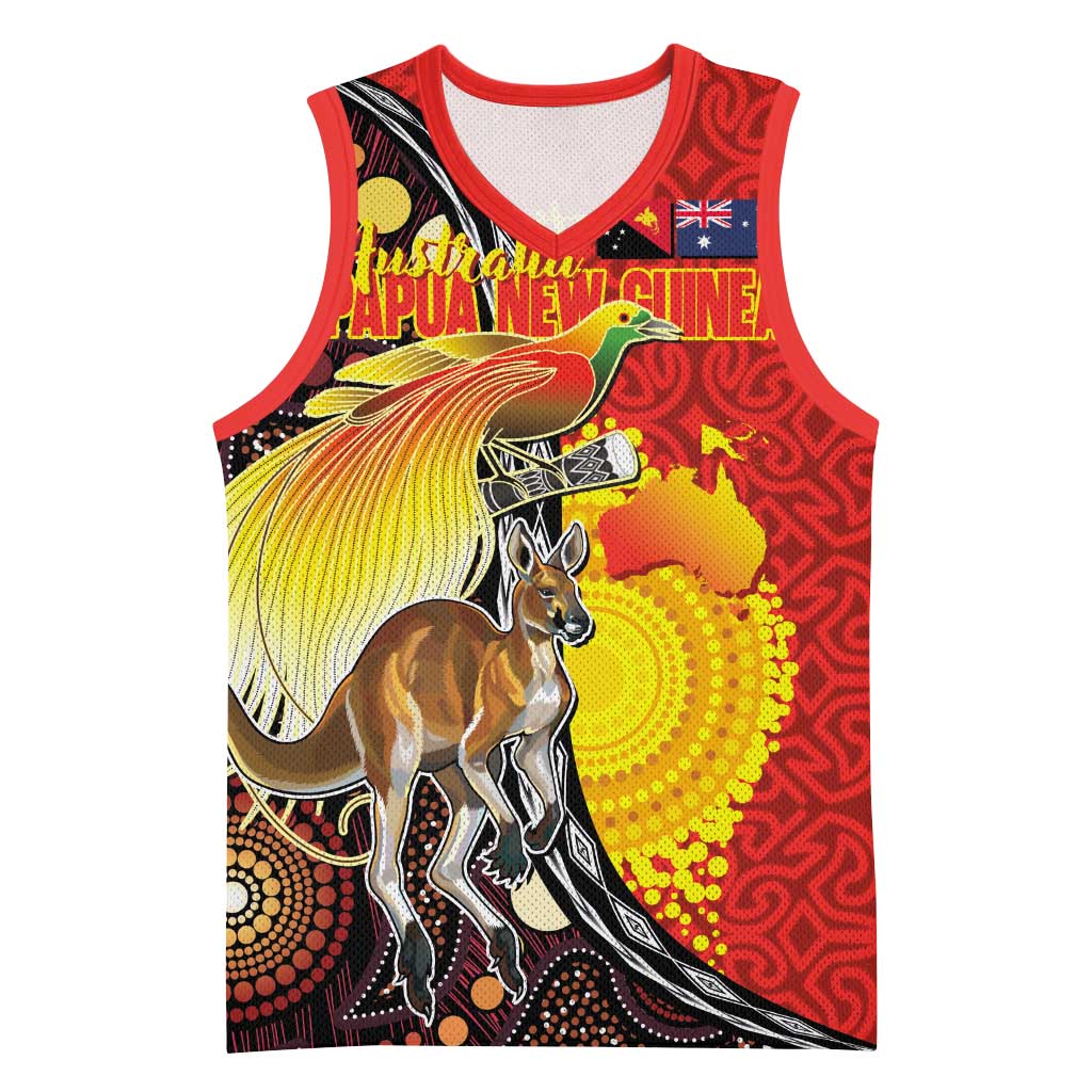 Australia and Papua New Guinea Together Basketball Jersey Bird-of-paradise and Kangaroo with Oro Tapa and Aboriginal Art Motifs LT03 Unisex Black - Polynesian Pride
