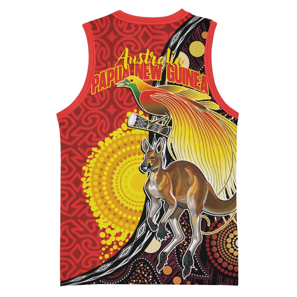 Australia and Papua New Guinea Together Basketball Jersey Bird-of-paradise and Kangaroo with Oro Tapa and Aboriginal Art Motifs LT03 - Polynesian Pride