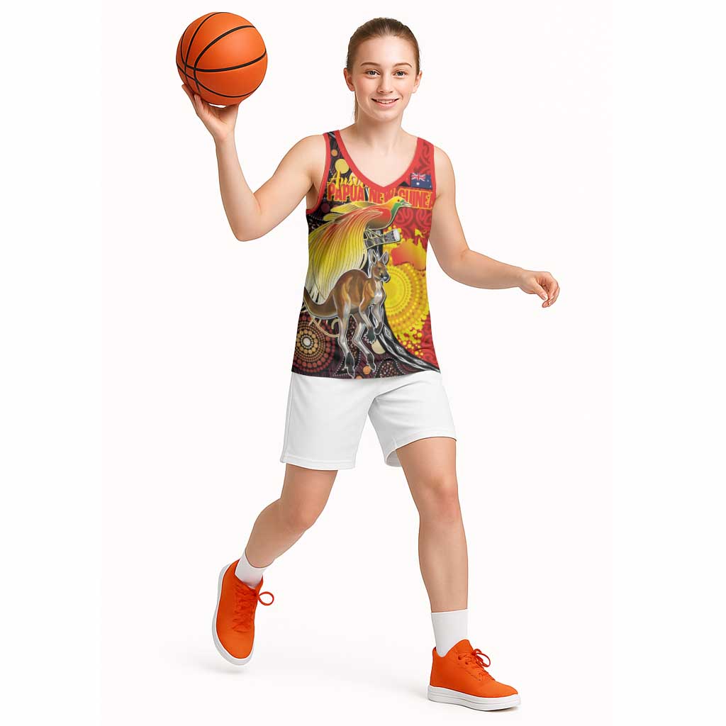 Australia and Papua New Guinea Together Basketball Jersey Bird-of-paradise and Kangaroo with Oro Tapa and Aboriginal Art Motifs LT03 - Polynesian Pride