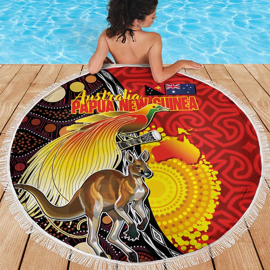 Australia and Papua New Guinea Together Beach Blanket Bird-of-paradise and Kangaroo with Oro Tapa and Aboriginal Art Motifs LT03 - Polynesian Pride