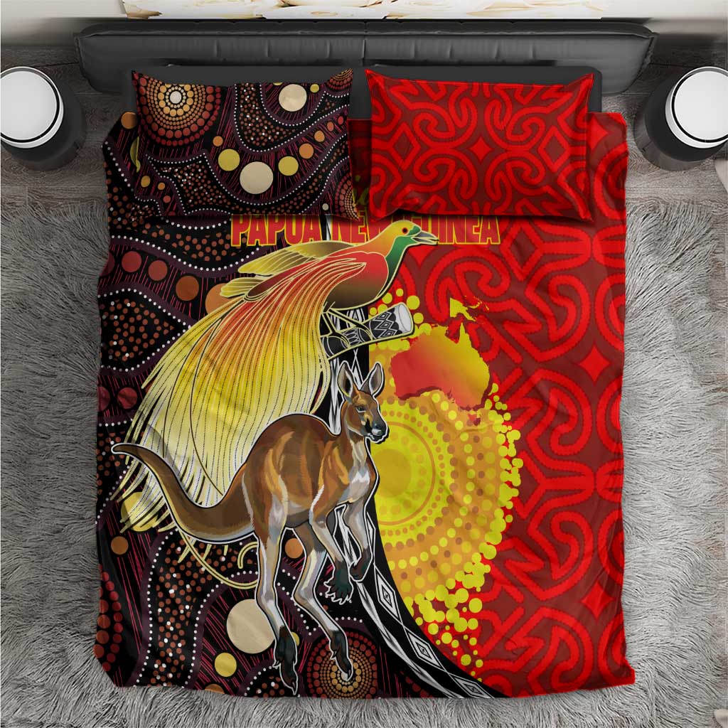 Australia and Papua New Guinea Together Bedding Set Bird-of-paradise and Kangaroo with Oro Tapa and Aboriginal Art Motifs LT03 Black - Polynesian Pride