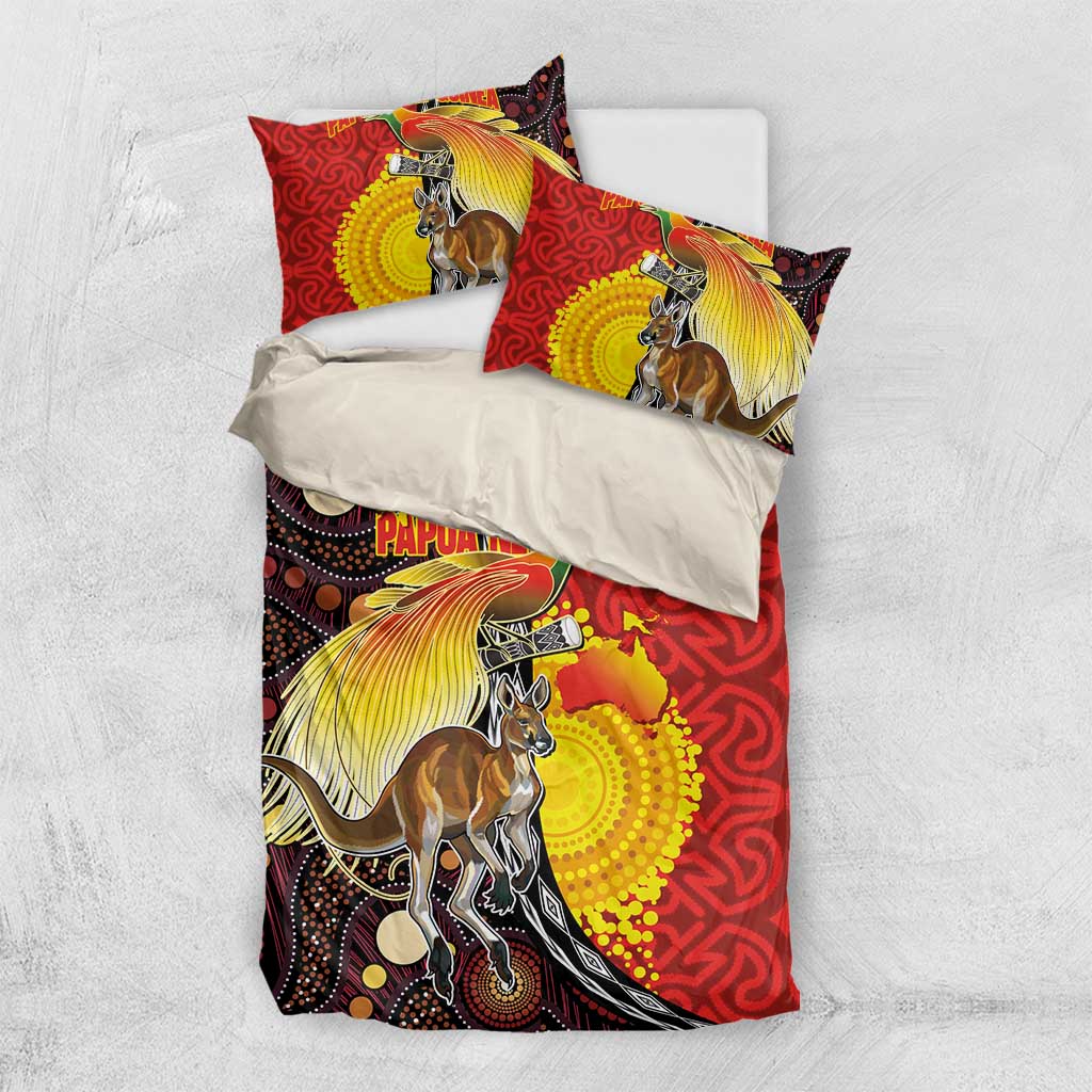 Australia and Papua New Guinea Together Bedding Set Bird-of-paradise and Kangaroo with Oro Tapa and Aboriginal Art Motifs LT03 US Twin 172cm x 218cm Black - Polynesian Pride