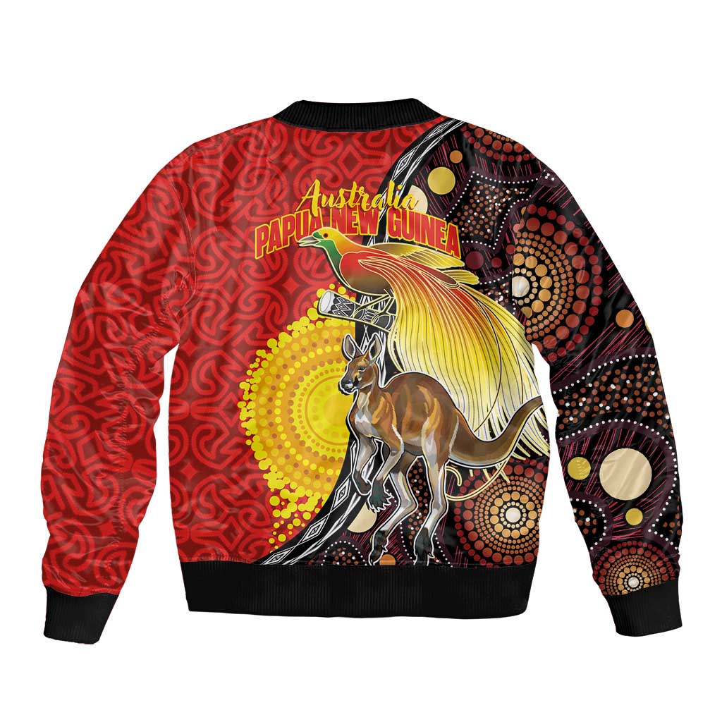 Australia and Papua New Guinea Together Bomber Jacket Bird-of-paradise and Kangaroo with Oro Tapa and Aboriginal Art Motifs LT03 - Polynesian Pride