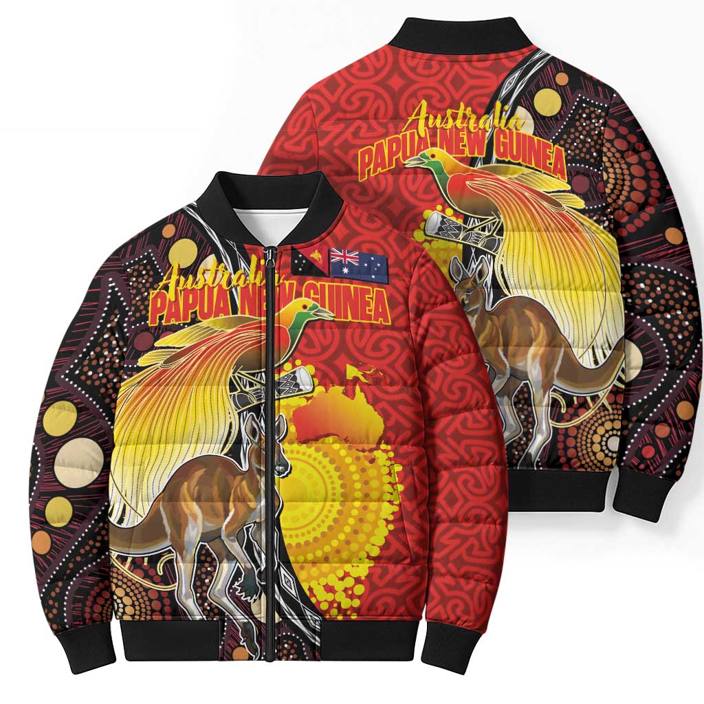 Australia and Papua New Guinea Together Bomber Puffer Jacket Bird-of-paradise and Kangaroo with Oro Tapa and Aboriginal Art Motifs LT03 - Polynesian Pride