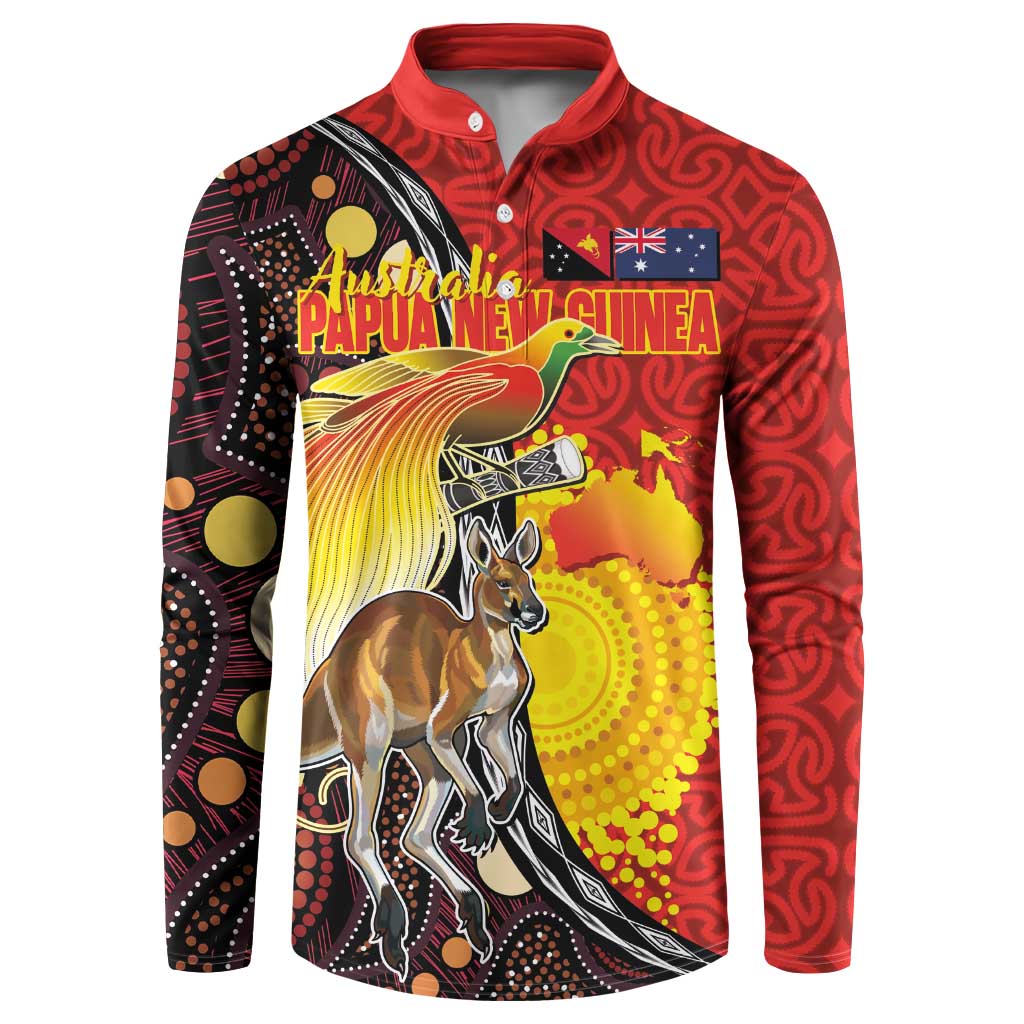 Australia and Papua New Guinea Together Button Sweatshirt Bird-of-paradise and Kangaroo with Oro Tapa and Aboriginal Art Motifs LT03 Black - Polynesian Pride