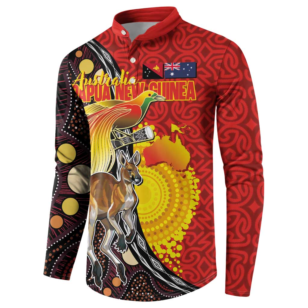 Australia and Papua New Guinea Together Button Sweatshirt Bird-of-paradise and Kangaroo with Oro Tapa and Aboriginal Art Motifs LT03 - Polynesian Pride
