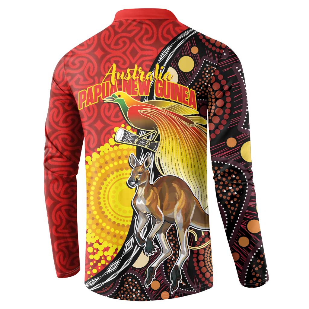Australia and Papua New Guinea Together Button Sweatshirt Bird-of-paradise and Kangaroo with Oro Tapa and Aboriginal Art Motifs LT03 - Polynesian Pride