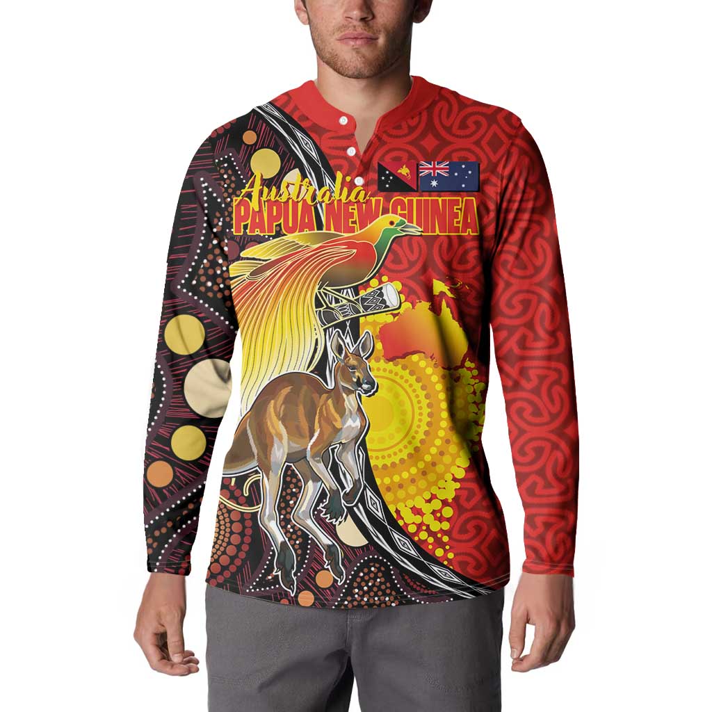 Australia and Papua New Guinea Together Button Sweatshirt Bird-of-paradise and Kangaroo with Oro Tapa and Aboriginal Art Motifs LT03 - Polynesian Pride