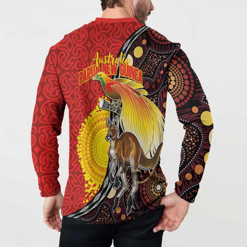 Australia and Papua New Guinea Together Button Sweatshirt Bird-of-paradise and Kangaroo with Oro Tapa and Aboriginal Art Motifs LT03 - Polynesian Pride