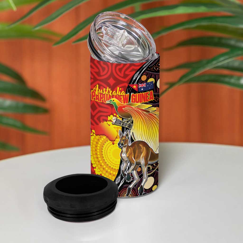 Australia and Papua New Guinea Together 4 in 1 Can Cooler Tumbler Bird-of-paradise and Kangaroo with Oro Tapa and Aboriginal Art Motifs LT03 - Polynesian Pride