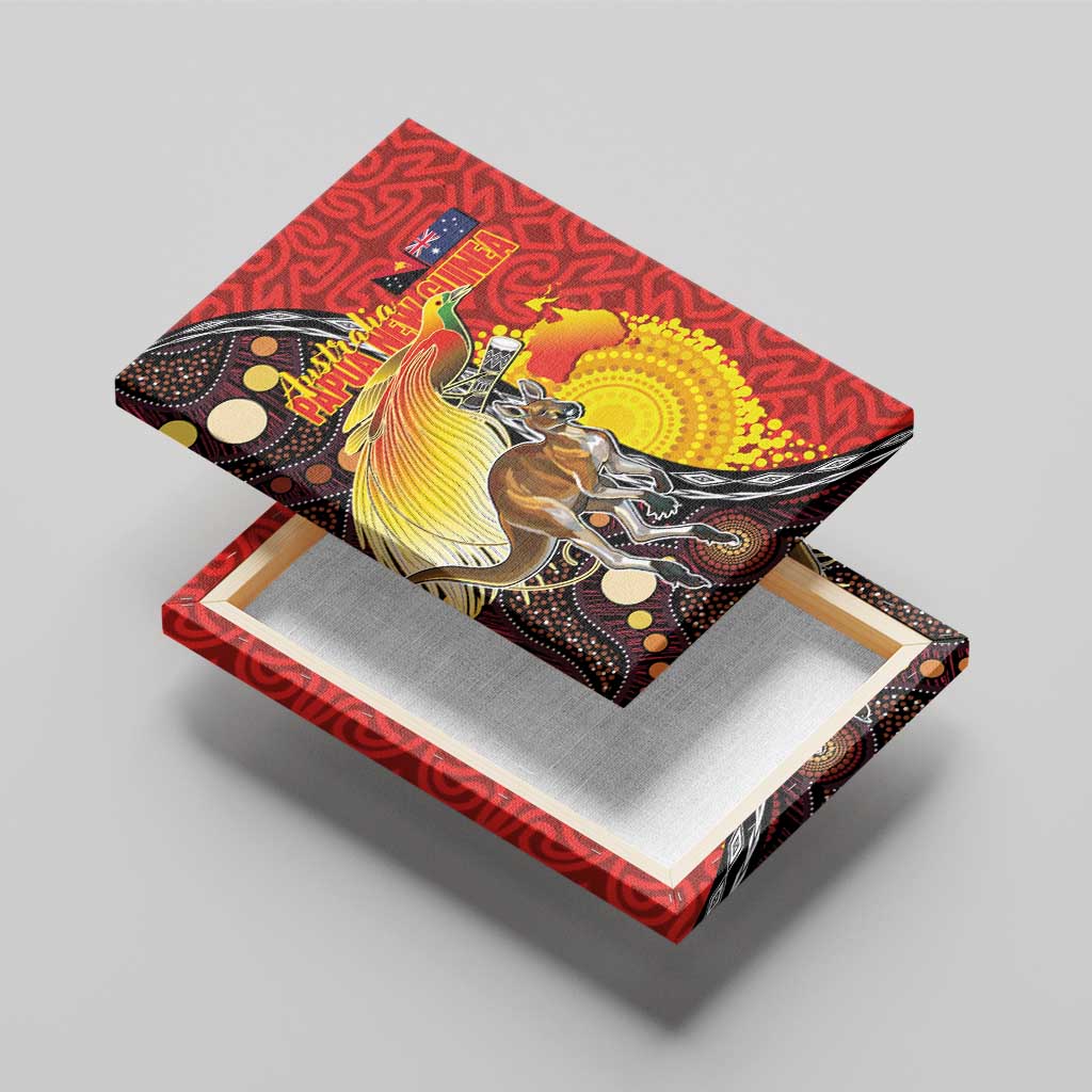 Australia and Papua New Guinea Together Canvas Wall Art Bird-of-paradise and Kangaroo with Oro Tapa and Aboriginal Art Motifs LT03 - Polynesian Pride