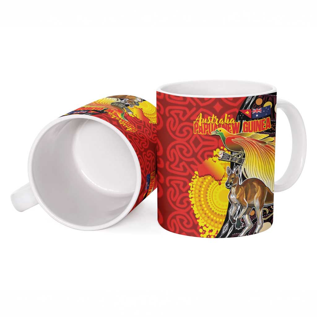 Australia and Papua New Guinea Together Ceramic Mug Bird-of-paradise and Kangaroo with Oro Tapa and Aboriginal Art Motifs LT03 - Polynesian Pride