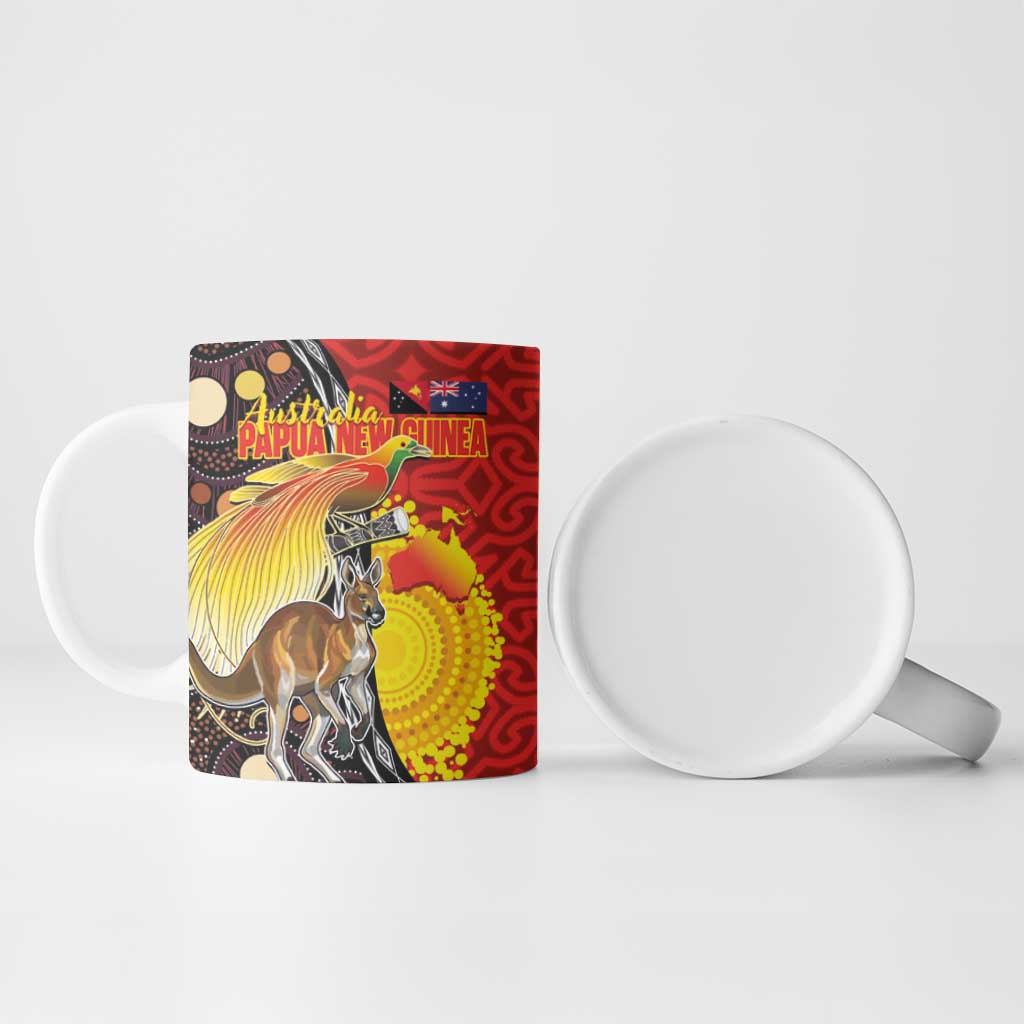 Australia and Papua New Guinea Together Ceramic Mug Bird-of-paradise and Kangaroo with Oro Tapa and Aboriginal Art Motifs LT03 - Polynesian Pride