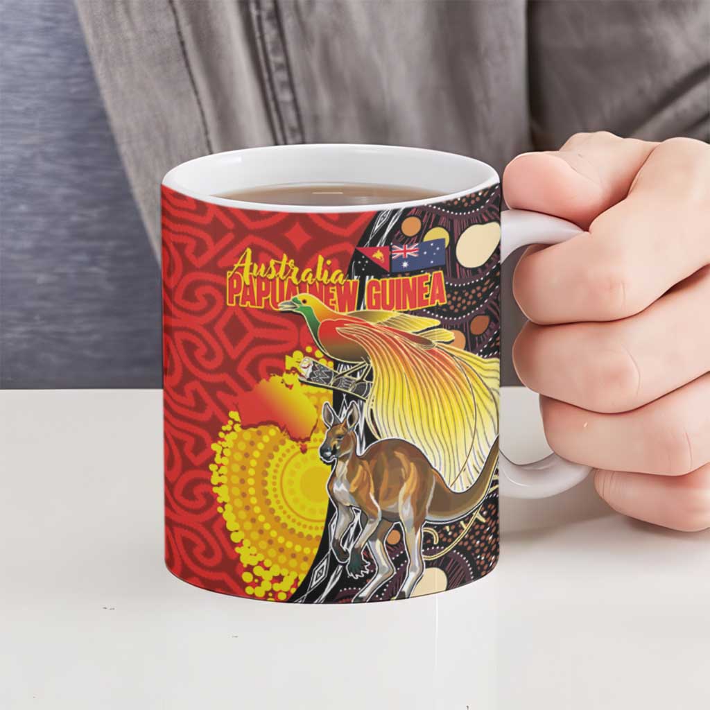 Australia and Papua New Guinea Together Ceramic Mug Bird-of-paradise and Kangaroo with Oro Tapa and Aboriginal Art Motifs LT03 - Polynesian Pride