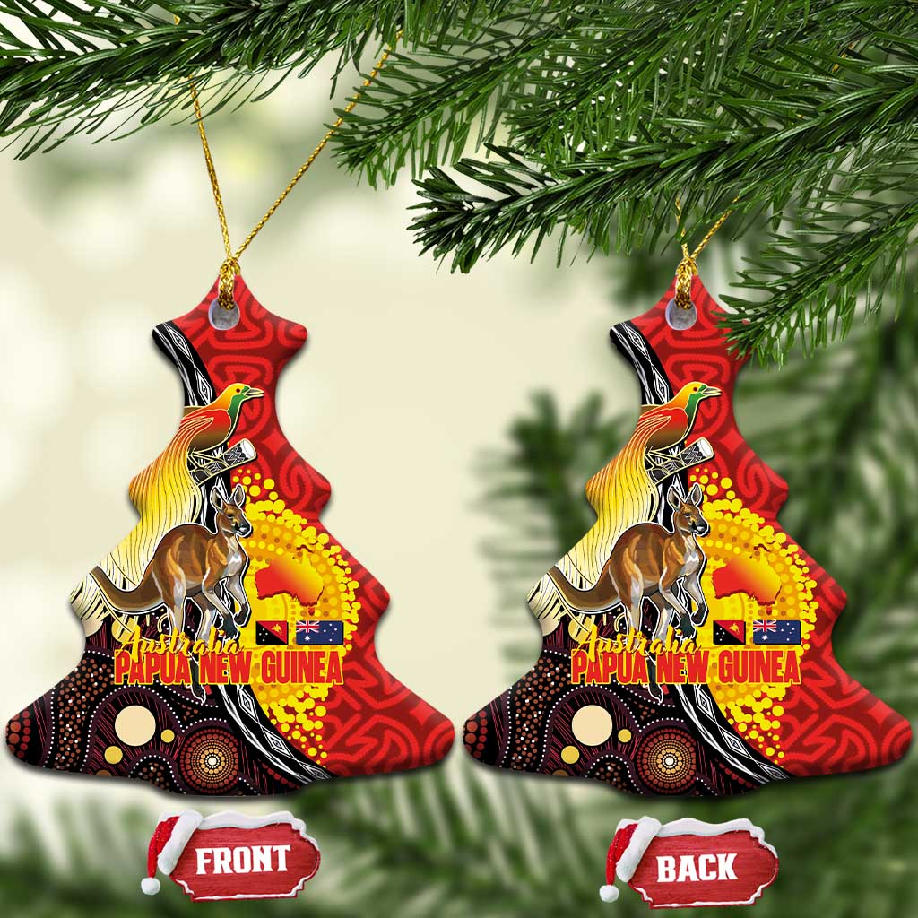 Australia and Papua New Guinea Together Ceramic Ornament Bird-of-paradise and Kangaroo with Oro Tapa and Aboriginal Art Motifs LT03 Christmas Tree Black - Polynesian Pride