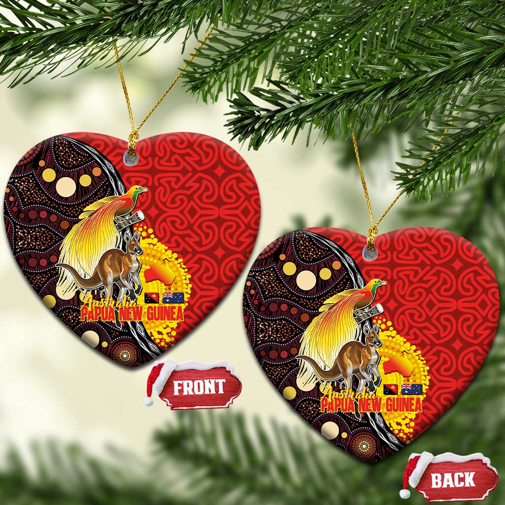 Australia and Papua New Guinea Together Ceramic Ornament Bird-of-paradise and Kangaroo with Oro Tapa and Aboriginal Art Motifs LT03 Heart Black - Polynesian Pride