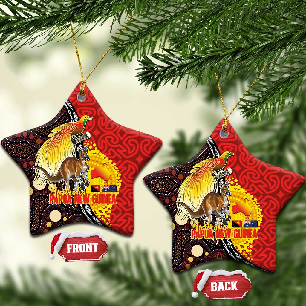Australia and Papua New Guinea Together Ceramic Ornament Bird-of-paradise and Kangaroo with Oro Tapa and Aboriginal Art Motifs LT03 Star Black - Polynesian Pride